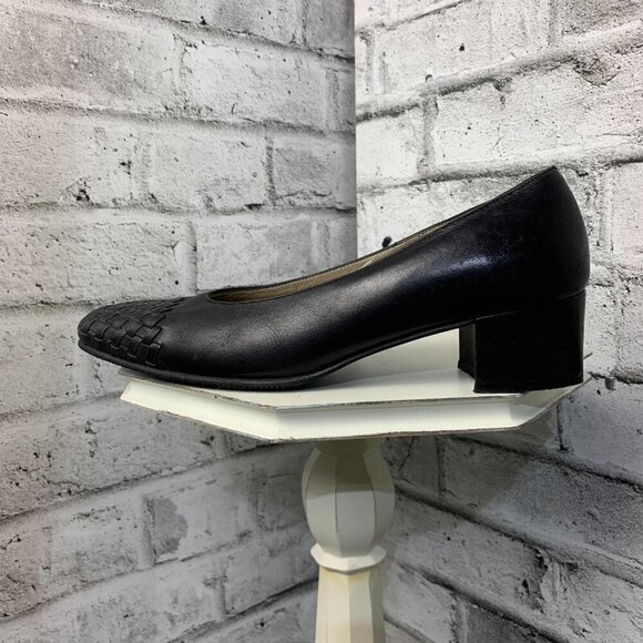 Vintage Roberto Capucci Braided Black Leather Low Block Heel Narrow AA Shoes - Picture 2 of 10